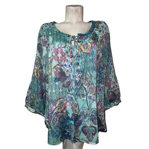 SPENCE Top Women's Size 3X Blue Paisley Lace-Up Neck 3/4 Sleeve Tunic Blouse